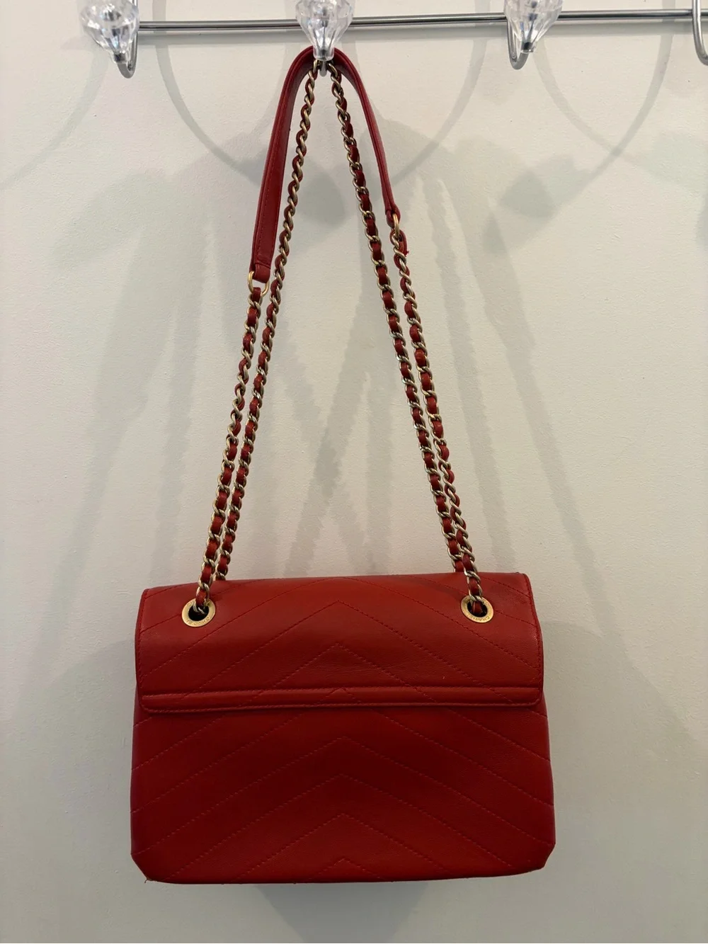 CHANEL Red Chevron Envelope Crossbody Bag with Gold Hardware